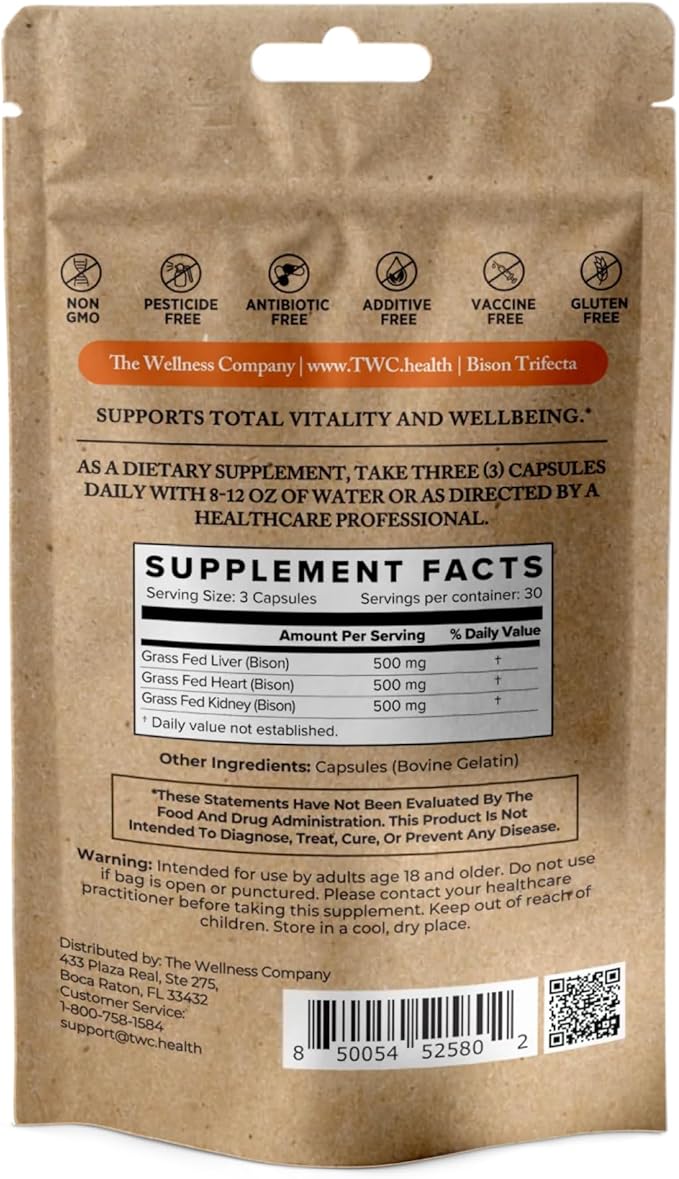 Bison Trifecta - Super-Bioavailable Multivitamin Heme Iron All Natural - Heart Kidney Liver Grass-Fed &amp Finished No Vaccines or Hormones | 90ct (1 Month Supply)