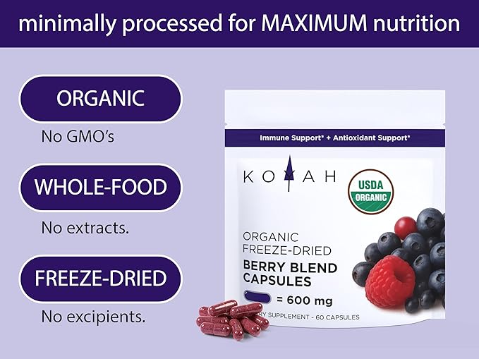 KOYAH - Organic Berry Blend Capsules – 600 mg - Freeze-Dried 100% Pure Antioxidants &amp Polyphenols - 60 Capsules