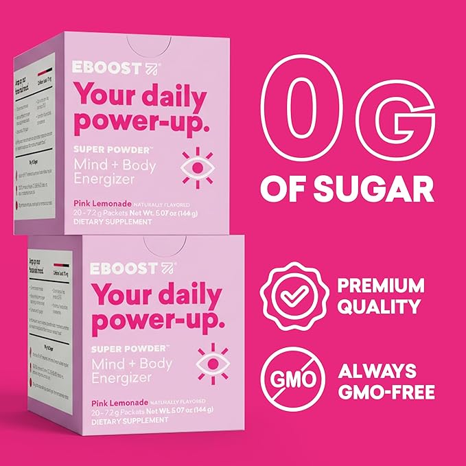 EBOOST Super Powder Drink Mix - Pink Lemonade 0.2 oz 20 Pack Hydration Energizer Electrolytes Powder - 13 Vitamins &amp Minerals - 110 mg Caffeine - 0 Added Sugar - No Artificial Flavors or Sweetener