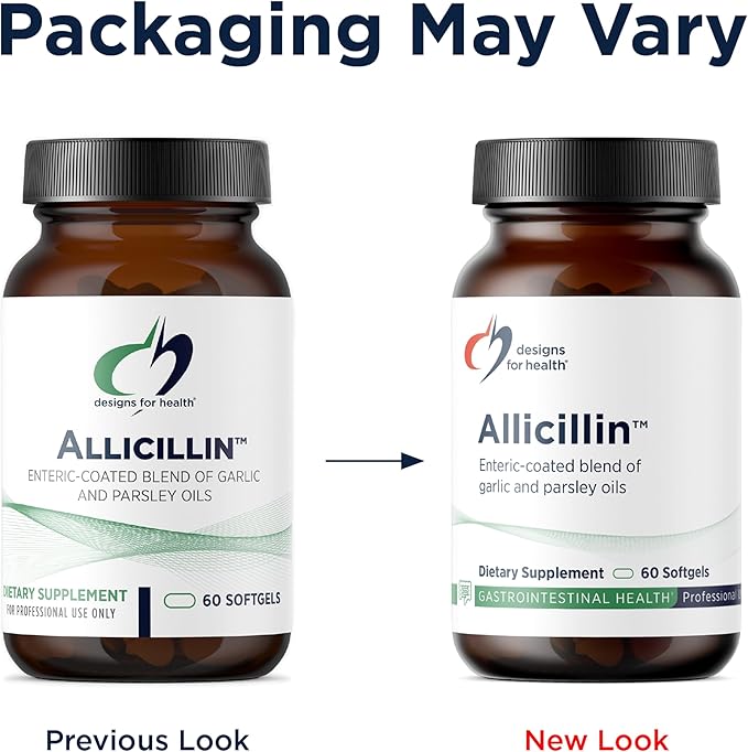 Designs for Health Allicillin - Allicin Supplement with 200mg Garlic Oil + Parsley Oil - Garlic Pills with Powerful Sulfides - Enteric Coated to Help Reduce Odor Non-GMO (60 Softgels)