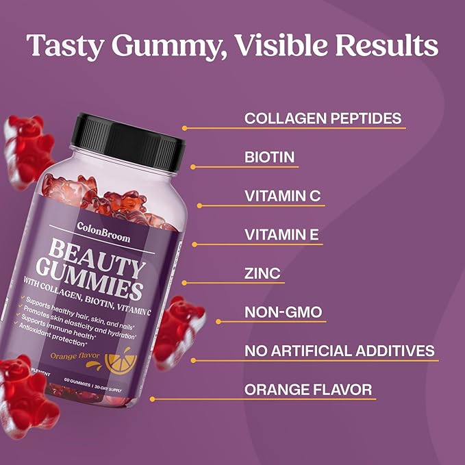ColonBroom Beauty Biotin &amp Collagen Gummies with Vitamin C | Hair Skin and Nails Vitamins for Women &amp Men Beauty Supplement for Hair Health Collagen Peptides Gummies (Orange Flavor 30 Day