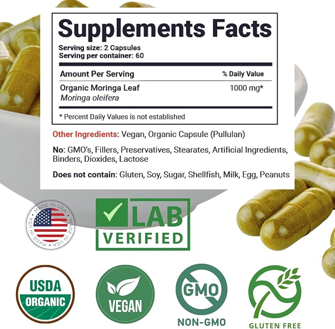 USDA Organic Moringa Capsules – Single-Origin Leaf Powder for Natural Energy Joint Comfort &amp Daily Wellness – Vegan Non-GMO 120ct – Clean Green Superfood Supplement No Fillers 3rd-Party Teste