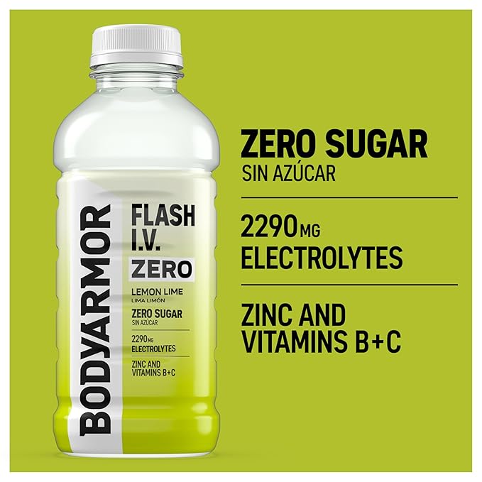BODYARMOR Flash I.V. Zero Sugar Electrolyte Beverage Lemon Lime Hydration Drink For Rapid Rehydration Post Workout Recovery 20 Fl Oz (Pack of 12)