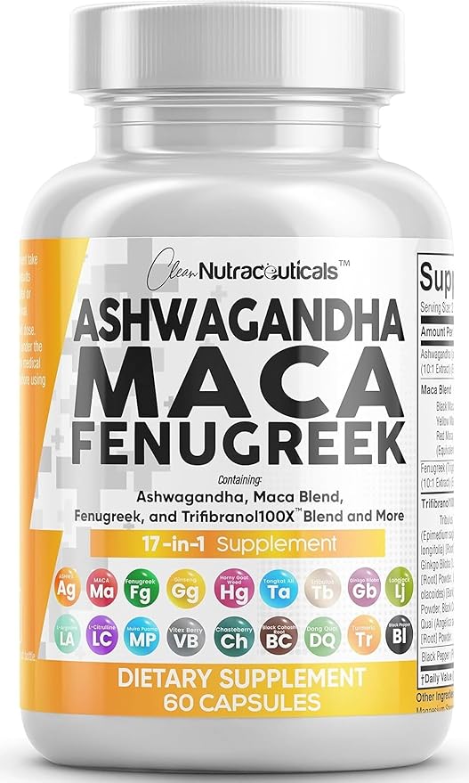 Clean Nutraceuticals Ashwagandha Maca Root Fenugreek Supplement with Tongkat Ali Ginseng - Assists with Stress Mood &amp Thyroid - Ashwagandha Capsules Fenugreek Caps - 1 Pack