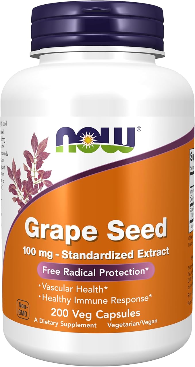 NOW Foods Supplements Grape Seed 100 mg - Standardized Extract Highly Concentrated Extract with a Minimum of 90% Polyphenols with Vitamin C 200 Veg Capsules