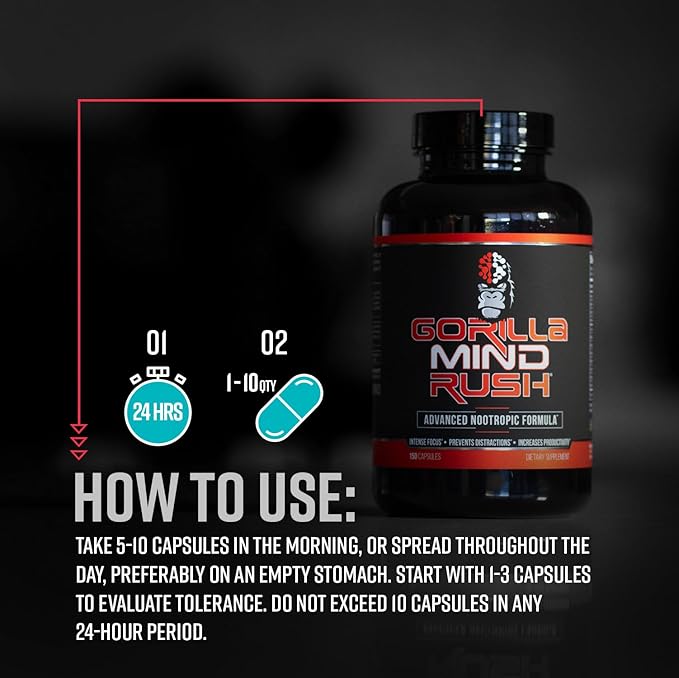 Gorilla Mind Rush - Nootropic Supplement | Intense Focus · Insane Productivity Cognitive Health Support Memory Focus Concentration Clarity | 150 Capsules