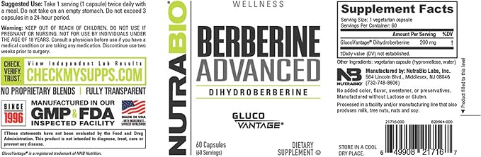 NutraBio Berberine Advanced Supplement (Dihydroberberine) 200 mg - Provides Advanced Absorption Carbohydrate Tolerance Support 60 Caps