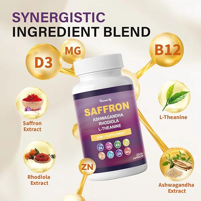 Saffron Supplements – Blend with Ashwagandha Safron Rhodiola Magnesium L-Theanine Zinc &amp B12 88.5 mg Pure Saffron Extract Capsules Mood Energy Vision &amp Focus – 60 Vegan Capsules