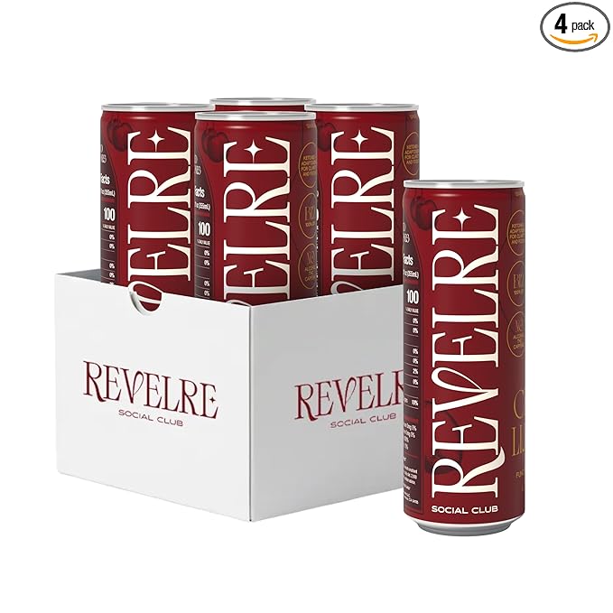 Revelre Functional Social Tonic with Ketones and Adaptogens - Mindful Blend for Focus and Calm - Ketones Magnesium B12 Reishi &amp Cordyceps Mushrooms - Non Alcoholic - Cherry Limeade 12 oz (4 Pa