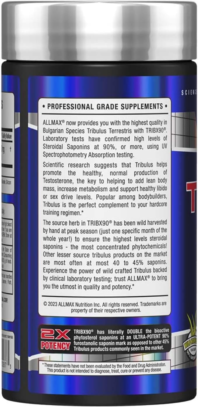ALLMAX TRIBX90 - 90 Capsules Pack of 2 - Natural Testosterone Booster - Delivers Bulgarian Species Tribulus Terrestris - 90% Furostanolic Saponins - 180 Total Servings