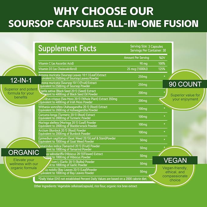 NaturePlanet Soursop Graviola Capsules with Black Seed Oil Sea Moss Ashwagandha Turmeric &amp Moringa丨12 in 1 Herbal Blend Formula丨Immune Support &amp Gut health丨Gluten-Free Non GMO Vegan - 90