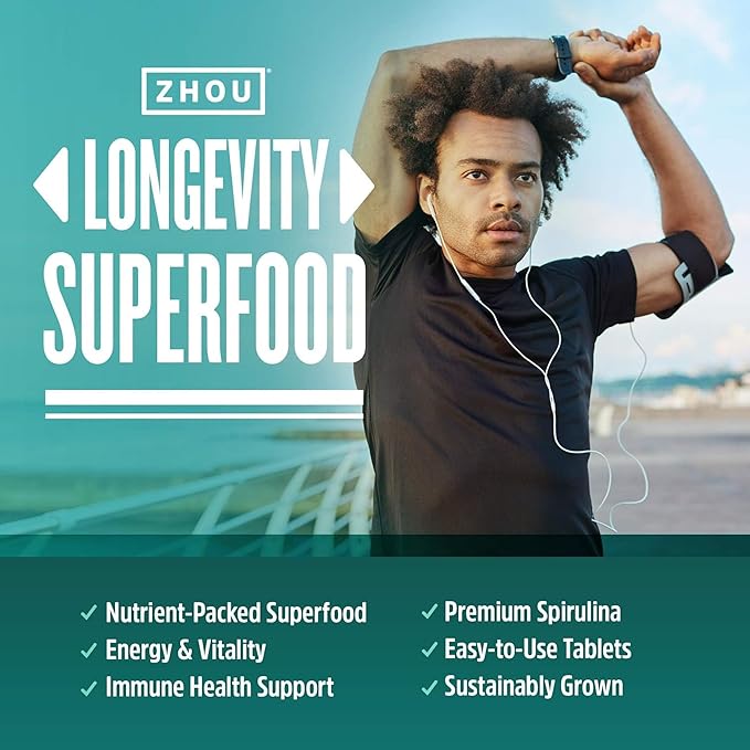 Zhou Spirulina Tablets - Spirulina Pills Greens Superfood Supplement with Chlorophyll &amp Blue Spirulina Powder Cognitive &amp Immune Support Pure Premium Formula - 180 Tablets