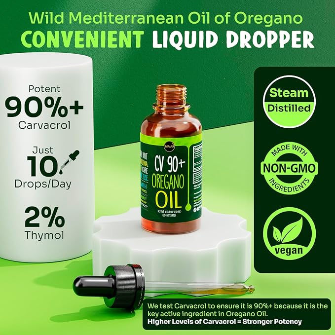 Maju Superfoods Oregano Oil Drops Potent 90%+ Carvacrol (1 fl Oz) Wild Mediterranean Essential Oil of Oregano Liquid Aceite de Oregano Immune and Seasonal Support