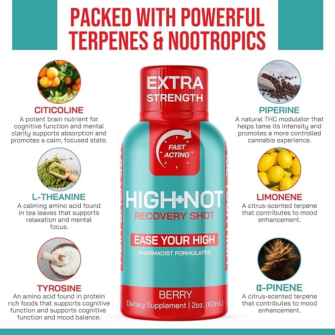 HIGH NOT Berry Flavored Recovery Shot – Rapid Relief for Intense THC̈̈ Effects – Fast-Acting Plant-Based Energy Shot – Vegan Brain Booster &amp Morning Recovery Drink