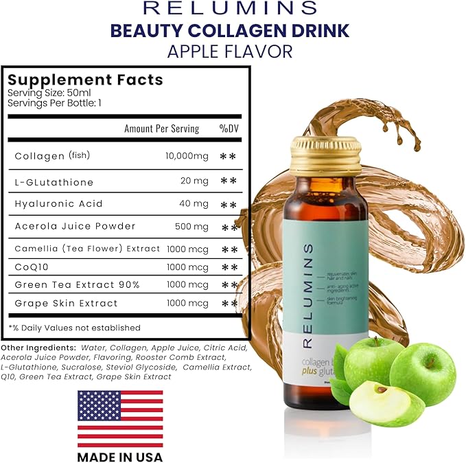 Relumins World's Most Advanced Collagen Drink - 10000mg w/Glutathione &amp Antioxidants | USA's No.1 Liquid Collagen Anti-Aging Spring Glow Essentials | Apple Flavor | Made in USA - 30 Bottles