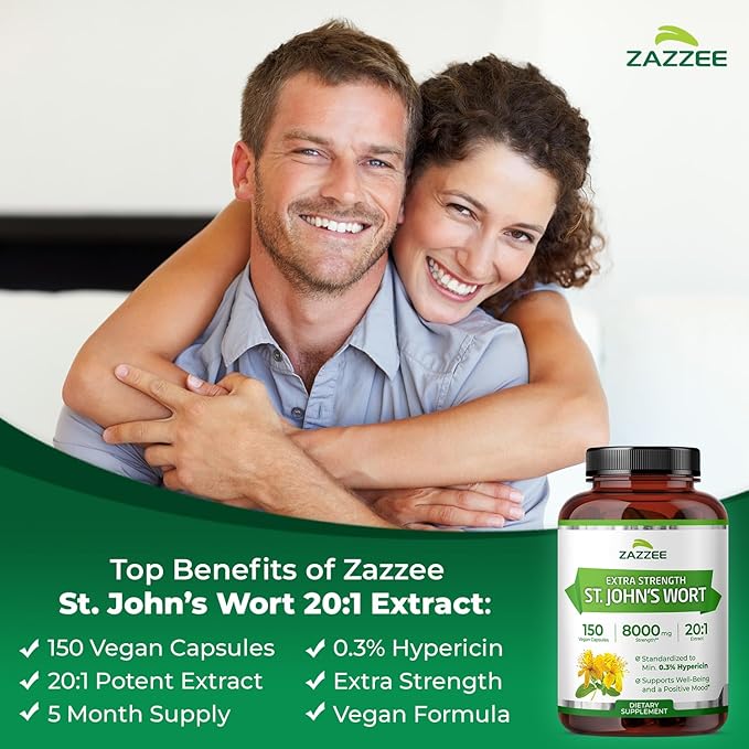 Zazzee Extra Strength St. John’s Wort 20:1 Extract 0.3% Hypericin 150 Vegan Capsules 5 Month Supply Hypericum Perforatum Mood &amp Emotional Wellness Support Herbal Supplement Non-GMO Made in