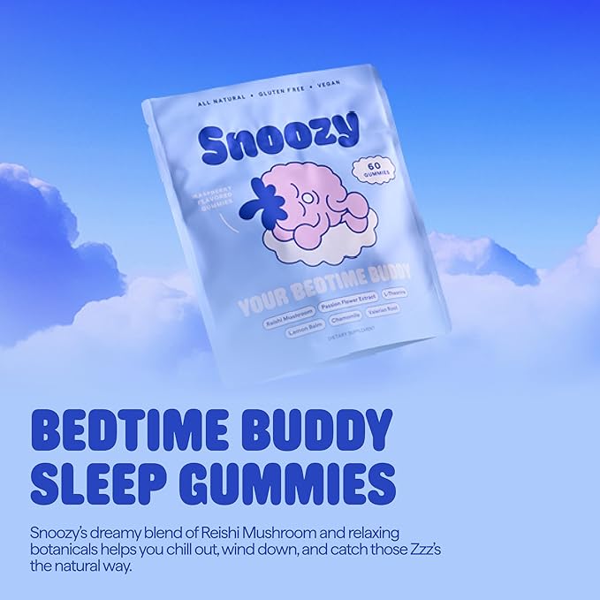 Snoozy Bedtime Buddy Reishi Mushroom Sleep Gummies | Chamomile Valerian Root Lemon Balm Extract | Natural Sleep Aid Melatonin Free | Raspberry Flavored 60 Gummies 1 Pack
