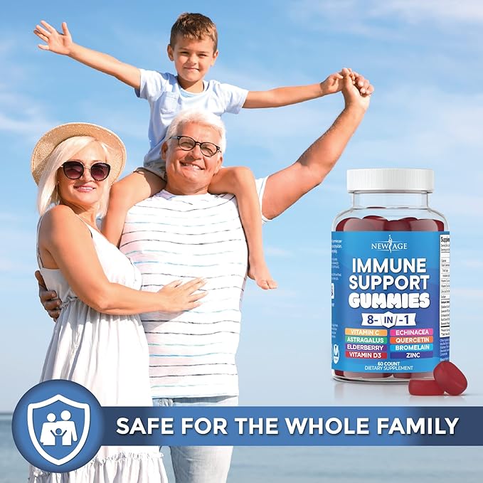 NEW AGE 8 in 1 Immune Support Booster Supplement with Astragalus Root Vitamin C and Zinc 50mg Vitamin D 5000 IU Quercetin &amp Bromelain (8 in 1 Gummies (Pack of 3))