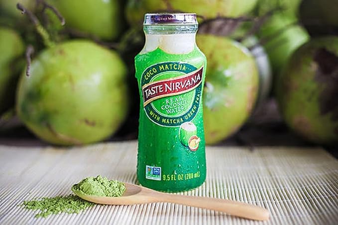 Taste Nirvana Real Coconut Water Coco Matcha with Matcha Green Tea 9.5 Ounce Glass Bottles (Pack of 12)