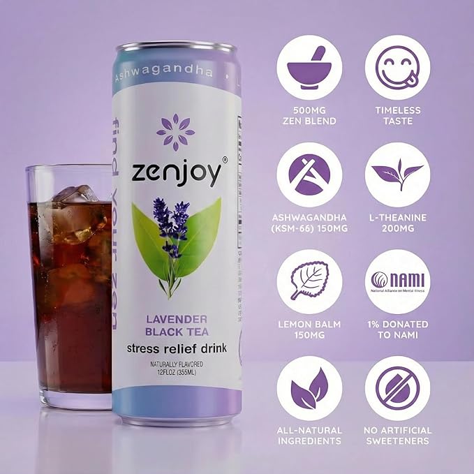 Zenjoy Stress Relief Drink Calming Black Tea Non Alcoholic Ashwagandha &amp Lemon Balm for Stress Relief L - Theanine for Focus (12 Pack) (Lavender)
