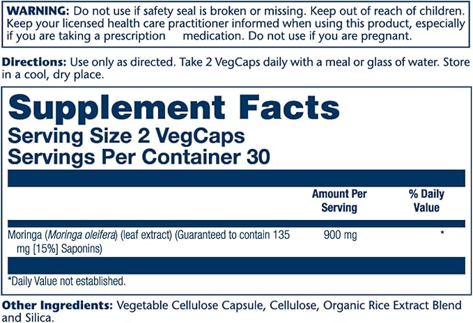SOLARAY Moringa Capsules 900 mg - Moringa Supplement with 135 mg Saponins - Herbal Support w/Naturally Occurring Vitamins Minerals Amino Acids Vegan 60-Day Guarantee 30 Serv 60 VegCaps