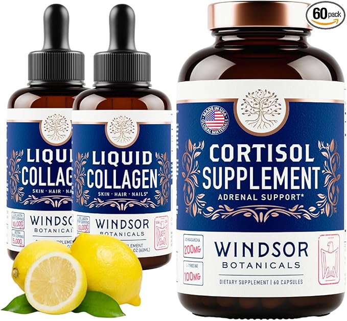 WINDSOR BOTANICALS 2p Liquid Collagen Hair Skin and Nails Vitamins and Cortisol Blocker - Beauty and Wellness Bundle
