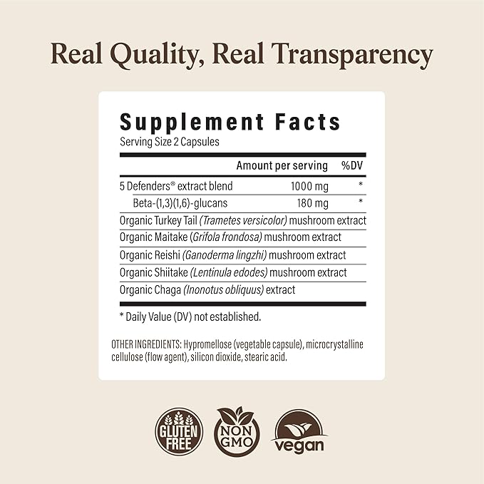Real Mushrooms 5 Defenders Mushroom Complex – Organic Adaptogenic Mushroom Blend with Chaga Reishi Turkey Tail Maitake &amp Shiitake for Wellness Support - Mushroom Beta Glucan Capsules - 200 Coun