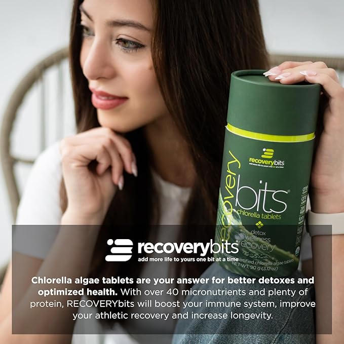 RECOVERYbits - Organic Chlorella Tablets - Plant-Based Algae Superfood - Chlorophyll - Cracked Cell Wall - Energy - Immune System - Detox - Keto - Vegan - Non-GMO - Small Canister - 360 Tablets