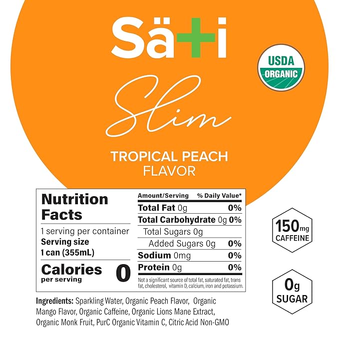 Sati Soda Organic Slim Tropical Peach - Adaptogenic Beverage with Lions Mane Green Coffee Bean &amp Acerola Vitamin C | Zero Calories Zero Sugar (12 Pack of 12 Ounce Cans Tropical Peach)