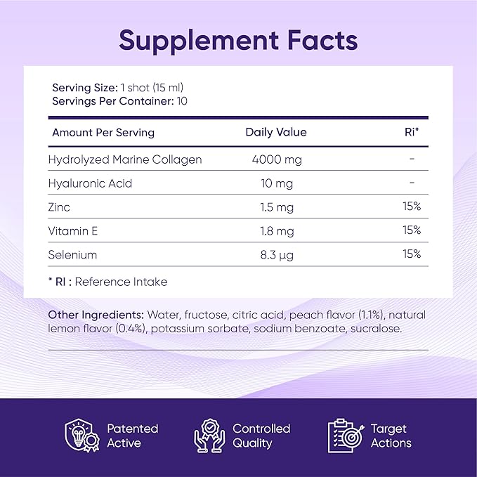 ERIC FAVRE Pure Collagen+ Liquid Collagen for Women – 4000mg Marine Peptides for Radiant Skin Hair &amp Nail Health – Hyaluronic Acid Vitamin E – 10 Shots Peach Lemon Flavor