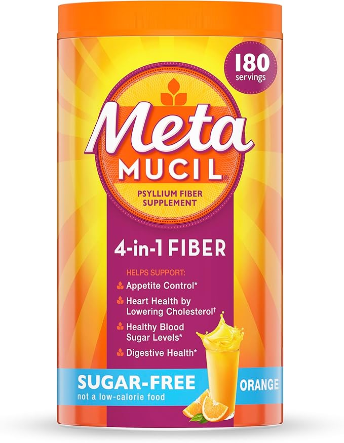 Metamucil 4-in-1 Psyllium Husk GLP-1 Friendly Fiber Supplement Sugar-Free 180 teaspoons Orange Flavored Daily Fiber Powder for Digestive Health made with Plant-Based Psyllium Husk Fiber