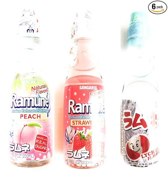 Ramune Carbonated Soda Combo-2 Peach Flavor2 Strawberry Flavor2 Lychee Flavor (6.76 Fl Oz Each)