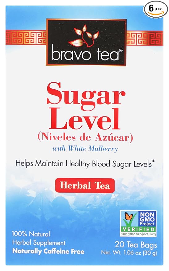 Bravo Tea Sugar Level Herbal Tea with White Mulberry Naturally Caffeine Free Vegan Friendly Gluten Free &amp Non-GMO 20 Tea Bags (Pack of 6)