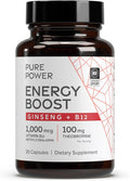 Dr. Mercola Pure Power Energy Boost 30 Servings (30 Capsules) Ginseng + B12 Dietary Supplement Boosts Physical &amp Mental Energy Non-GMO