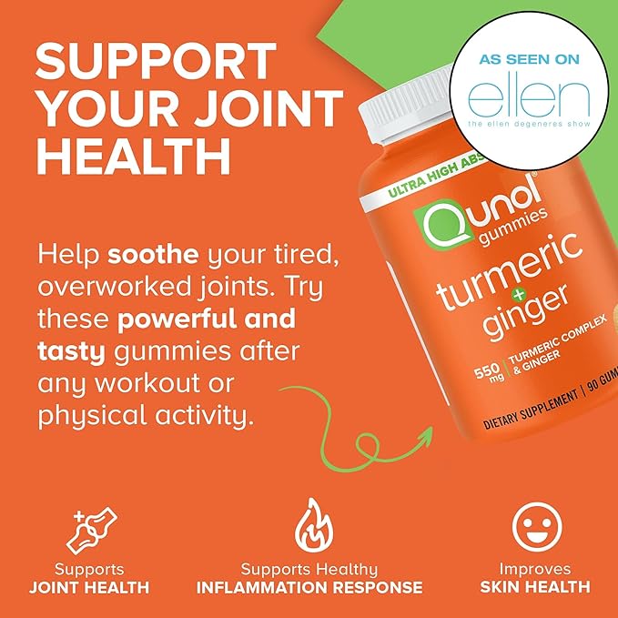 Qunol Turmeric and Ginger Gummies - Joint Support Supplement with Ultra High Absorption 90 Count Vegan and Gluten Free Gummies