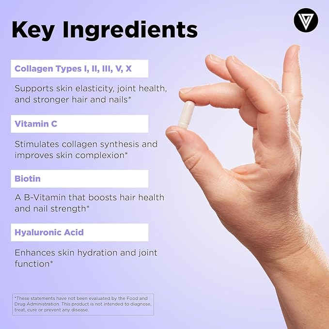 Vital Vitamins Multi Collagen Plus Capsules (2-Pack) - with Biotin Hyaluronic Acid Vitamin C - Type I II III V X Peptides - Collagen Supplements for Men &amp Women - Hair Skin Nails Complex
