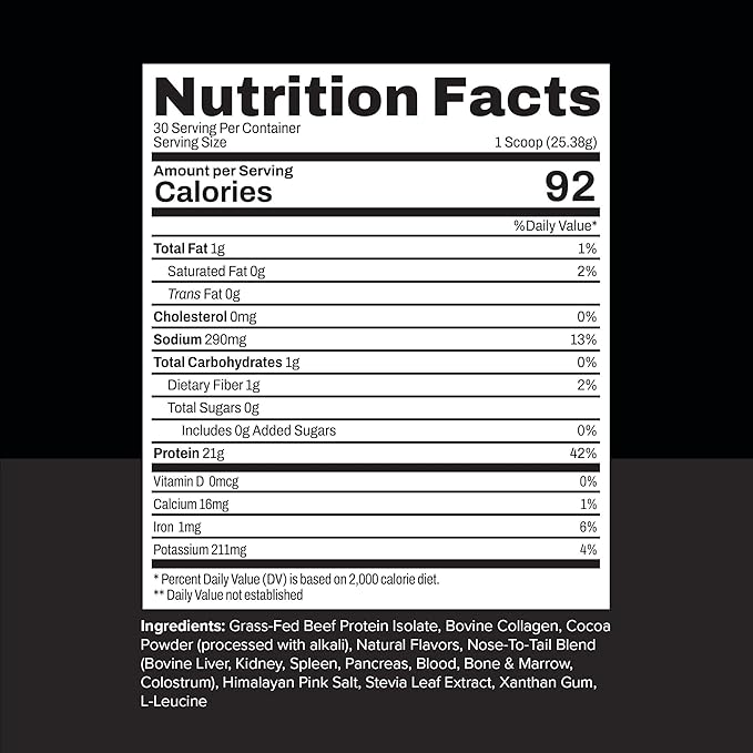 Noble All-in-One Chocolate Protein Powder 21g Grass-Fed Beef Protein &amp Collagen Colostrum &amp Organ Blend Whey-Free Seed Oil-Free Zero-Carb 30 Servings (1.75lbs)