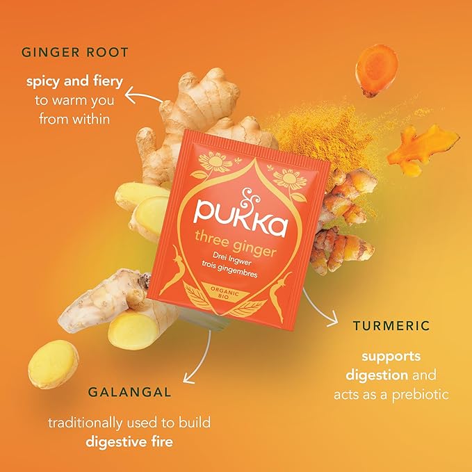 Pukka Three Ginger Organic Herbal Tea Digestion-Aiding Infusion With Ginger Turmeric and Galangal Tea Gift Set Ideal After Meals Caffeine Free 80 Total Bags (20ct - Pack of 4)
