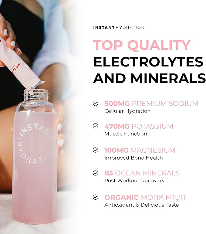 Instant Hydration Electrolytes Powder Packets - Watermelon Electrolyte Drink Mix - Zero Sugar - Keto Vegan Gluten-Free Non-GMO - Boost Recovery Brain Health Muscle &amp Tissue Support- 30 Sticks