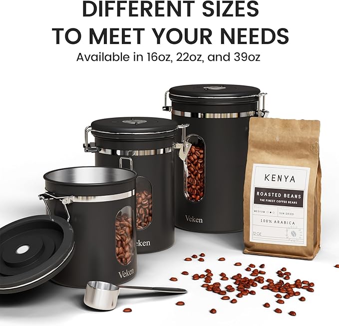 Veken Large Coffee Canister with Window Kitchen Food Storage Airtight Stainless Steel Container for 2.2lbs Coffee Beans Grounds RiceTea Flour Cereal Sugar JarsDate Tracker and Scoop 39ozBlack