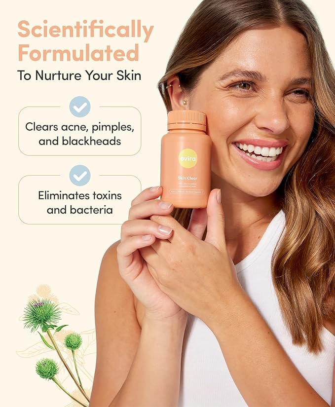 Ovira Skin Clear with ZINCBRIGHT - 60 Capsules for Clear &amp Glowing Skin | Rosacea &amp Hormonal Acne Treatment with Vitamin C | Support Collagen Production | Acne Supplements for Women &amp Men