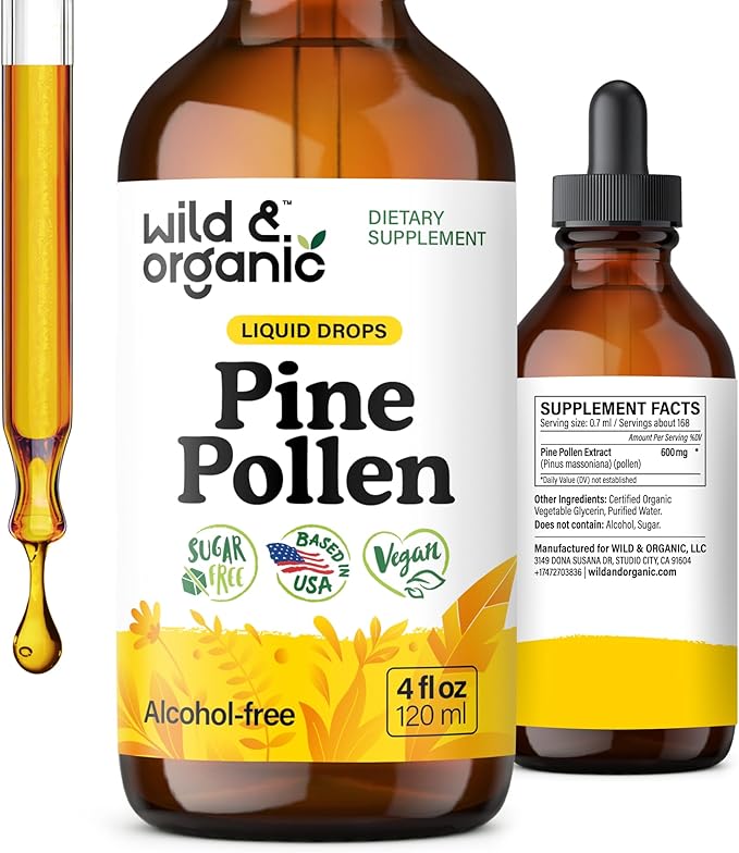 Wild &amp Organic Pine Pollen Tincture - Pine Pollen for Men &amp Women - Add to Tea &amp Drink - Pure Pinus Massoniana Extract Drops - Vegan Sugar &amp Alcohol-Free Liquid Supplement - 4 fl oz