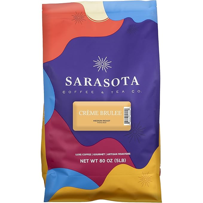 Sarasota Coffee Whole Bean Creme Brulee | Medium Roast Gourmet Flavored Coffee Beans | Low Acid Mold Free Specialty Grade Bulk Beans | 5lb (80 oz)