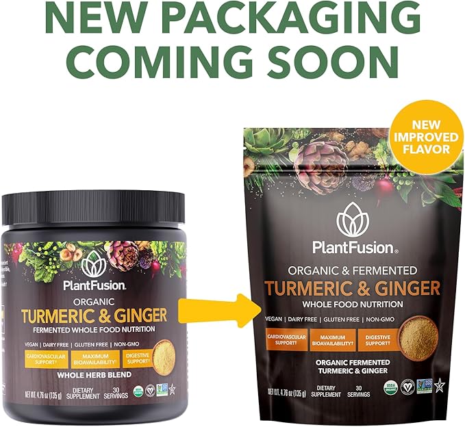 PlantFusion Turmeric and Ginger Drink Mix - Fermented Whole Food Nutrition Herbal Supplement Powder with Curcuminoids - USDA Certified Organic Non-GMO Vegan Gluten-Free 4.76 oz 30 Servings