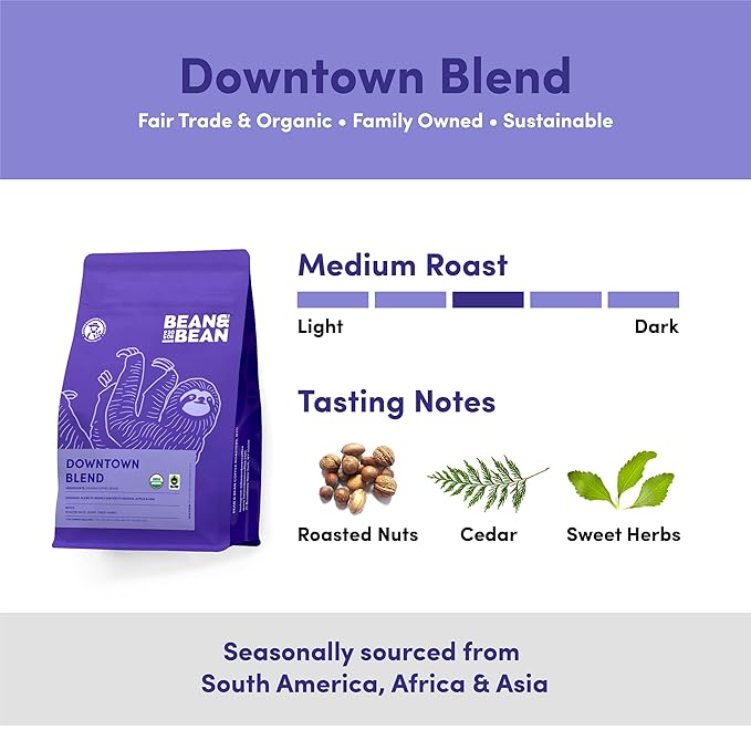 Bean &amp Bean Downtown Medium Roast - Organic Ground Blend Coffee – Creamy Clean and Smooth Fair Trade Coffee – Ideal Espresso Ground Coffee Medium Roast 11oz