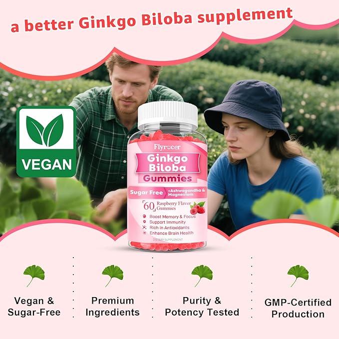2 Pack Ginkgo Biloba 300mg Gummies for Adults &amp Kids Ginkgo Biloba Supplements for Focus Memory and Brain Health Vegan Sugar-Free Raspberry Flavor 120 Count