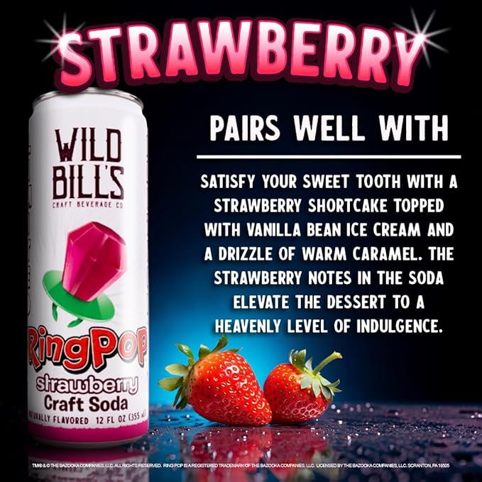 Wild Bill’s Strawberry Ring Pop Craft Soda Pop Soft Drinks – Pure Cane Sugar No HFCS Caffeine Free Vegan Gluten Free Low Sodium Lightly Carbonated – 12 Oz Cans 12 Pack