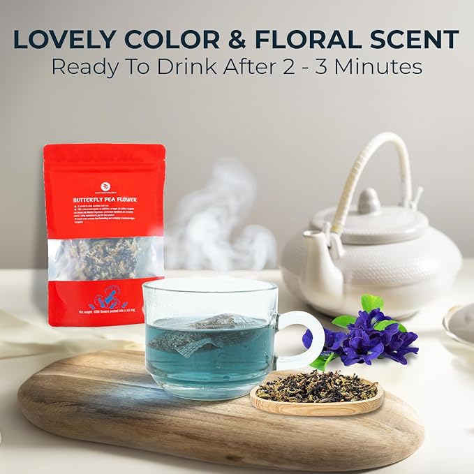 100% Dried Butterfly Pea Flower Buds 1050 Count 2.96 oz Floral Scent Re-Steep Pure Natural Herbal Tea for Flower Tea for Cooking Cocktails Smoothies and Skin Effect
