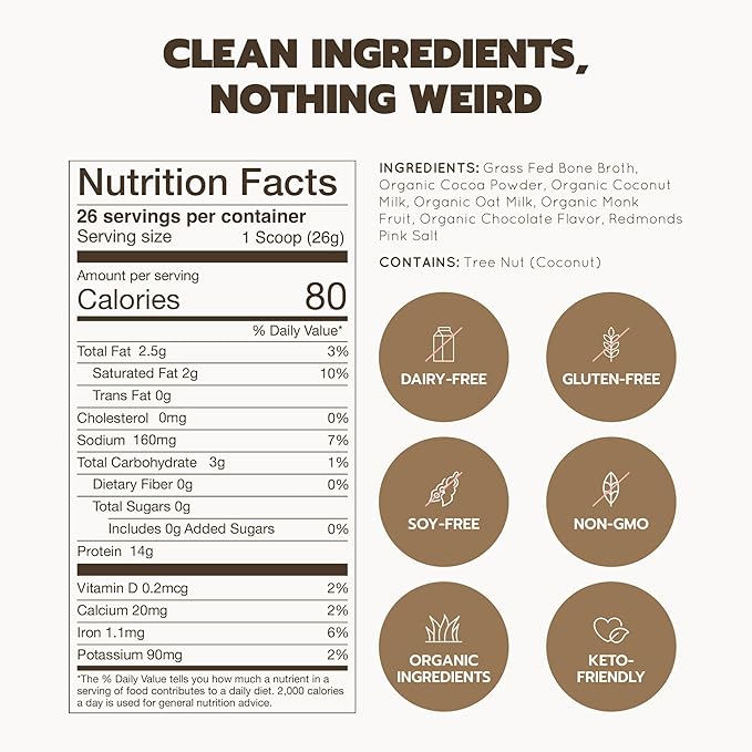 Bone Broth Protein Powder Grass Fed Collagen with 14g Complete Protein per Serving Gluten Free Keto &amp Dairy Free Organic &amp Clean Ingredients No Added Sugar Chocolate 26 Servings