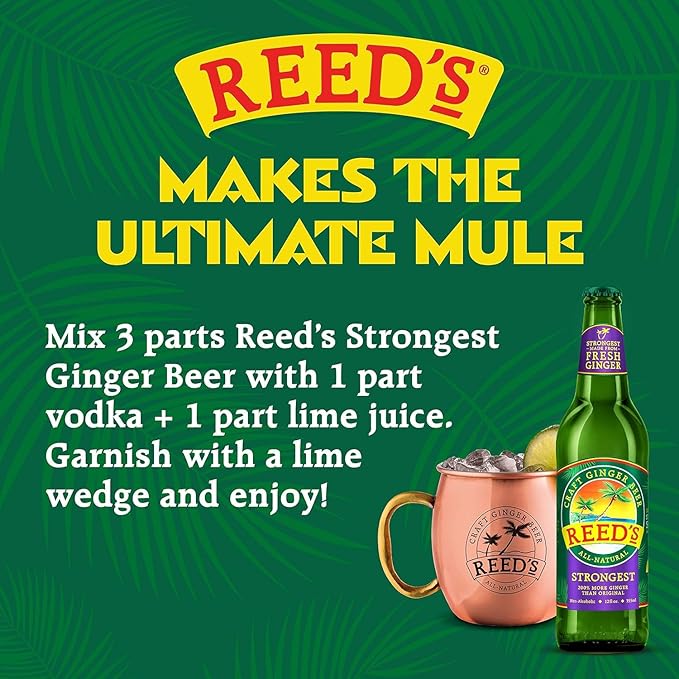 Reed's Strongest Ginger Beer - 3x Fresh Ginger Root for Intense Spice - 12oz Glass Bottles 12 Pack